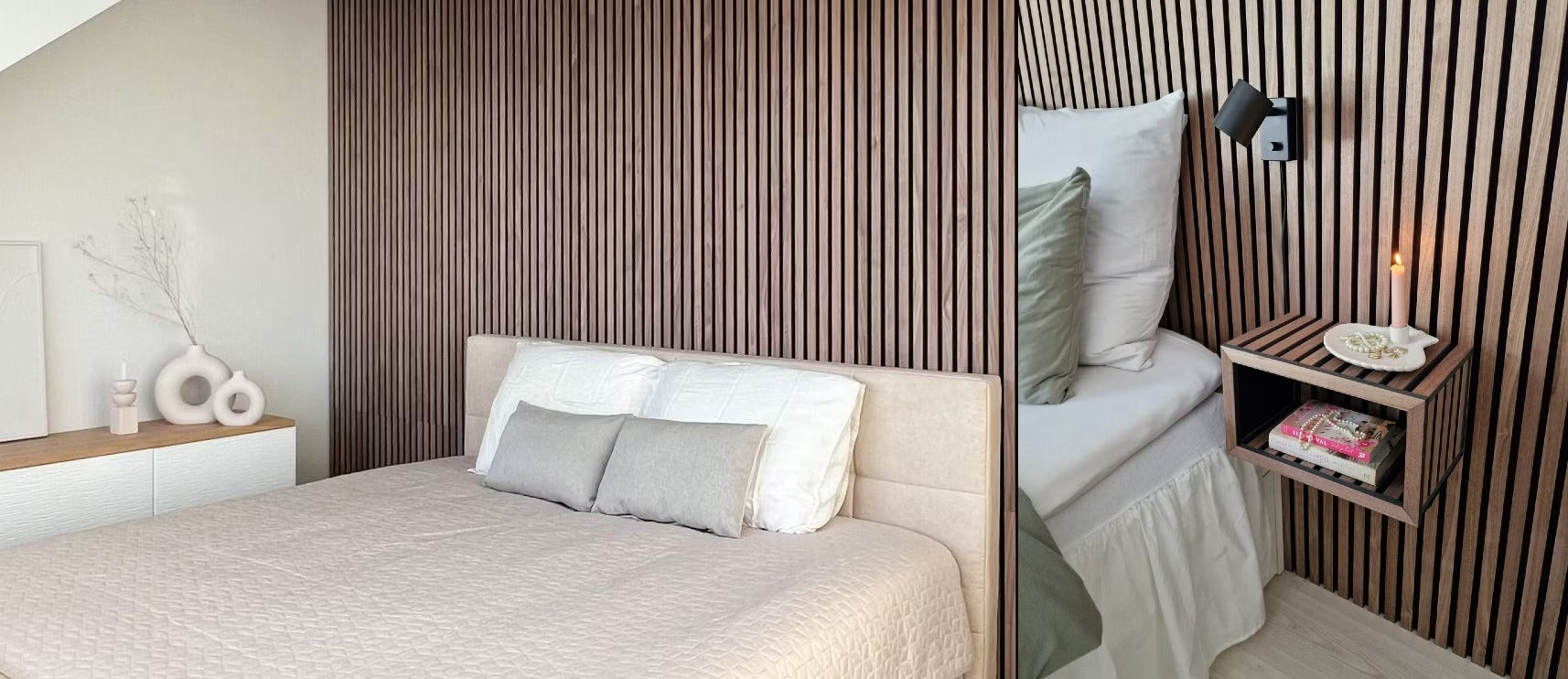 Ein modernes Schlafzimmer mit einem beigen Bett, neutralen Kissen und einer Akupanel-Wand aus strukturiertem Holz hinter einem schwebenden Nachttisch mit Büchern und einer kleinen Lampe.